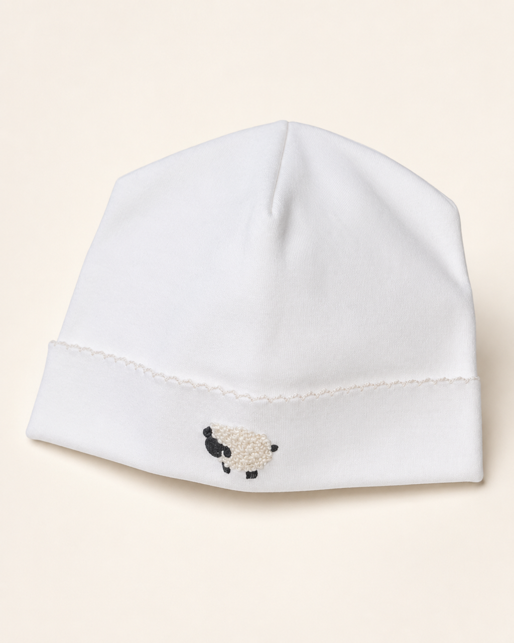Gorro bebé algodón Pima blanco con bordado de oveja para bebé