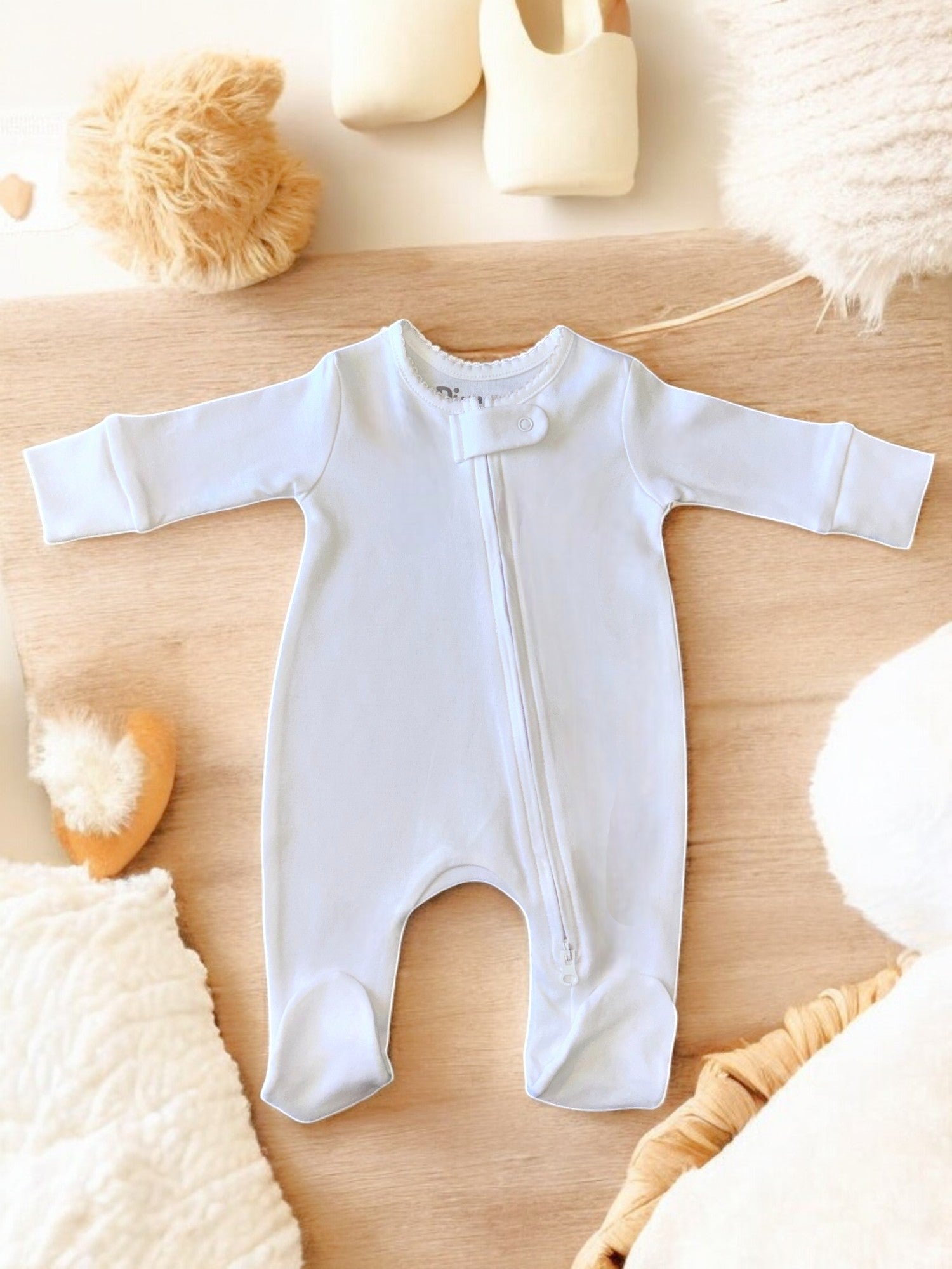 Enterito bebé algodón Pima blanco de manga larga con doble cierre frontal para recién nacido