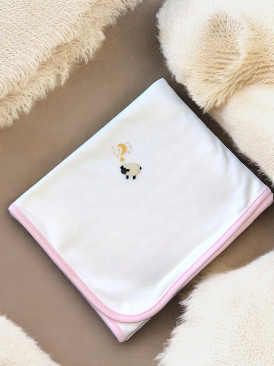 Manta doble bebé algodón Pima blanca con borde rosa y bordado de oveja y luna
